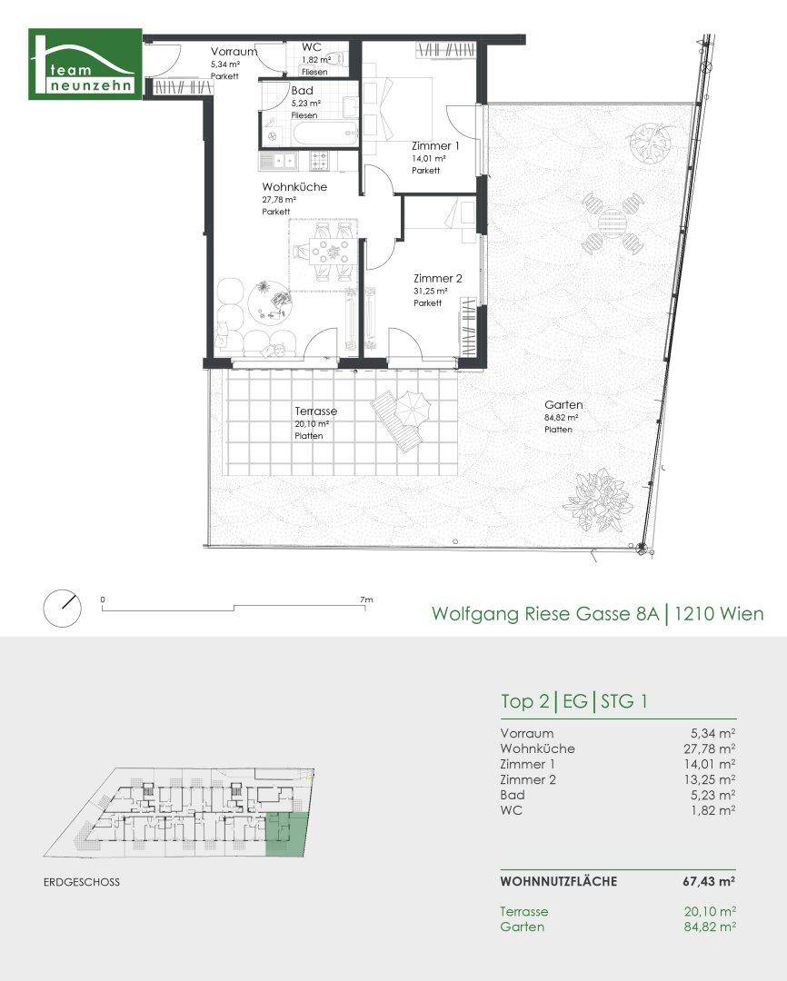 Grundriss einer Erdgeschosswohnung mit offener Wohnküche, zwei Zimmern, Bad, separatem WC, Terrasse und Garten.