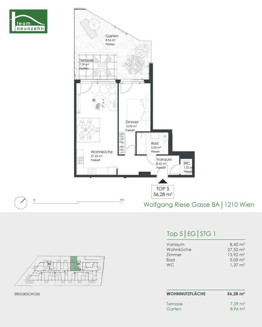 Grundriss einer Erdgeschosswohnung mit offener Wohnküche, Schlafzimmer, Bad, Gäste-WC, Terrasse und Garten.