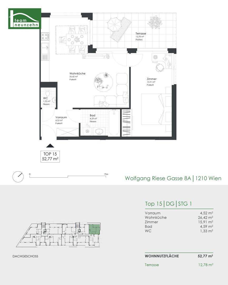 Grundriss für Dachgeschosswohnung TOP 15 mit Wohnküche, Schlafzimmer, Bad, WC und großer Terrasse.