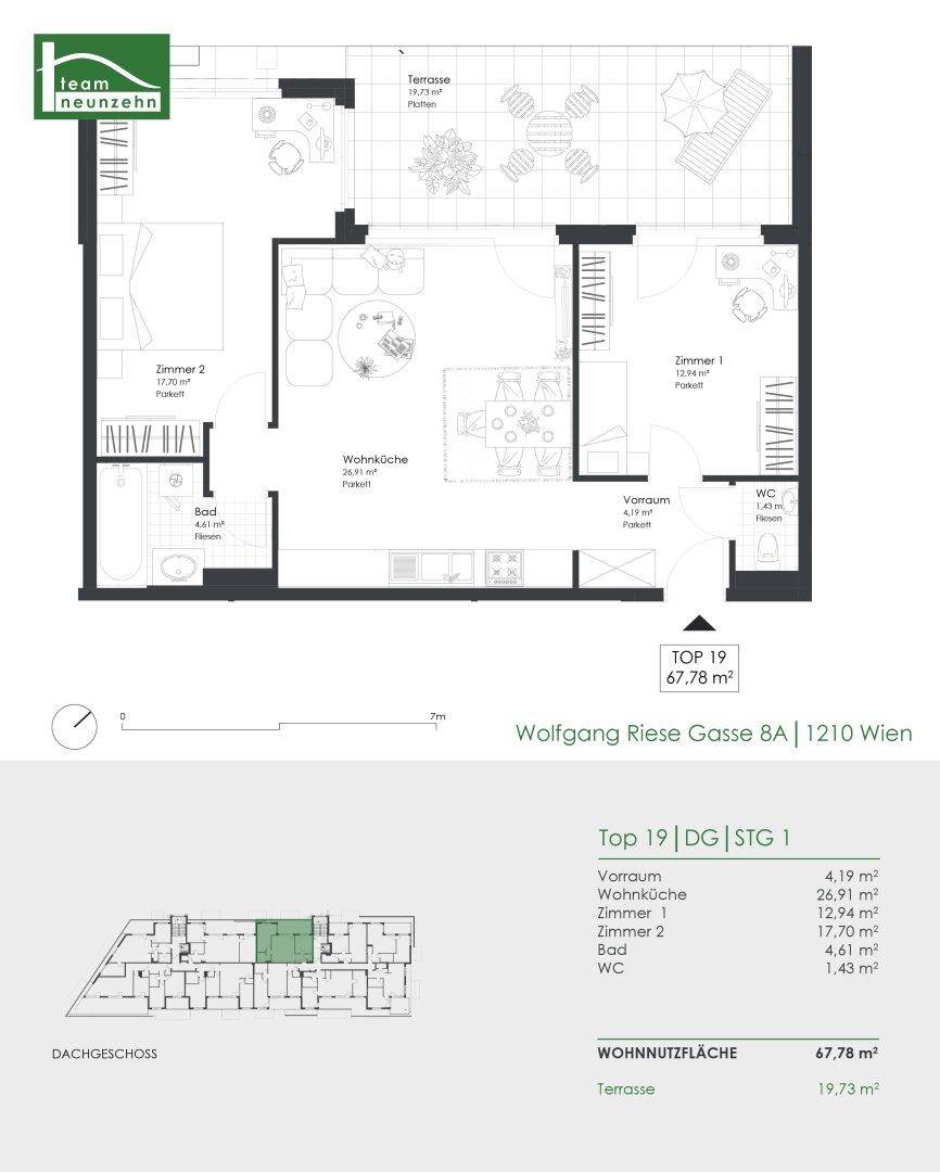 Grundriss einer modernen Wohnung mit offener Wohnküche, zwei Schlafzimmern und einer großzügigen Terrasse.