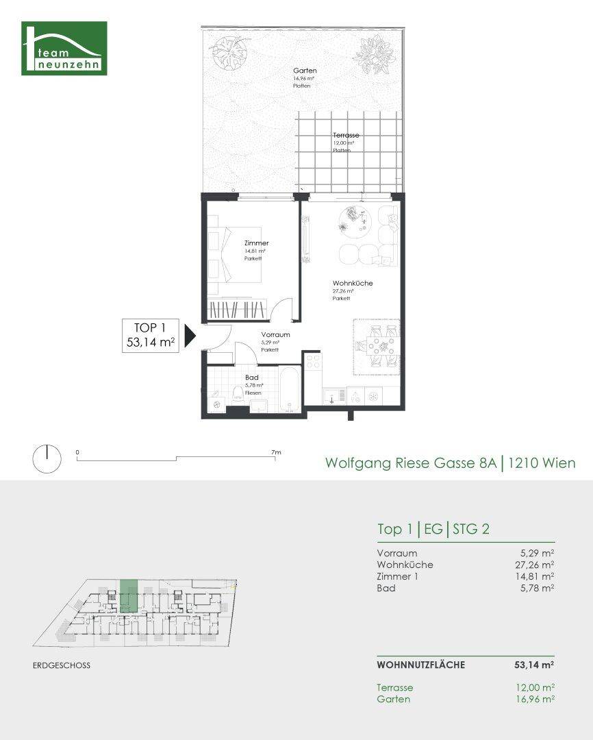 Grundriss einer Wohnung mit offenem Wohn- und Küchenbereich, einem Schlafzimmer, Bad, Terrasse und Garten.