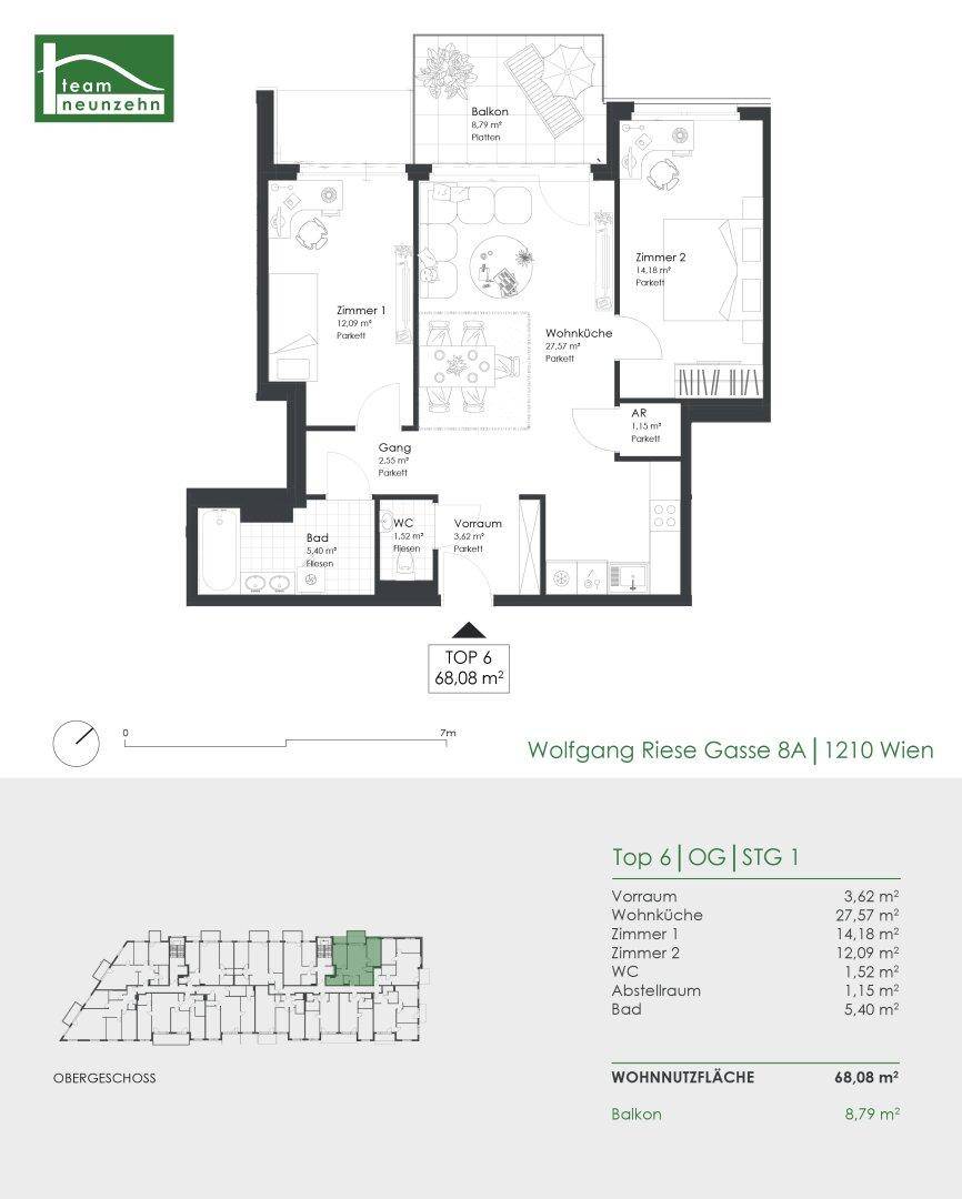 Grundriss einer Wohnung mit offener Wohnküche, zwei Zimmern, Bad, WC und Balkon.