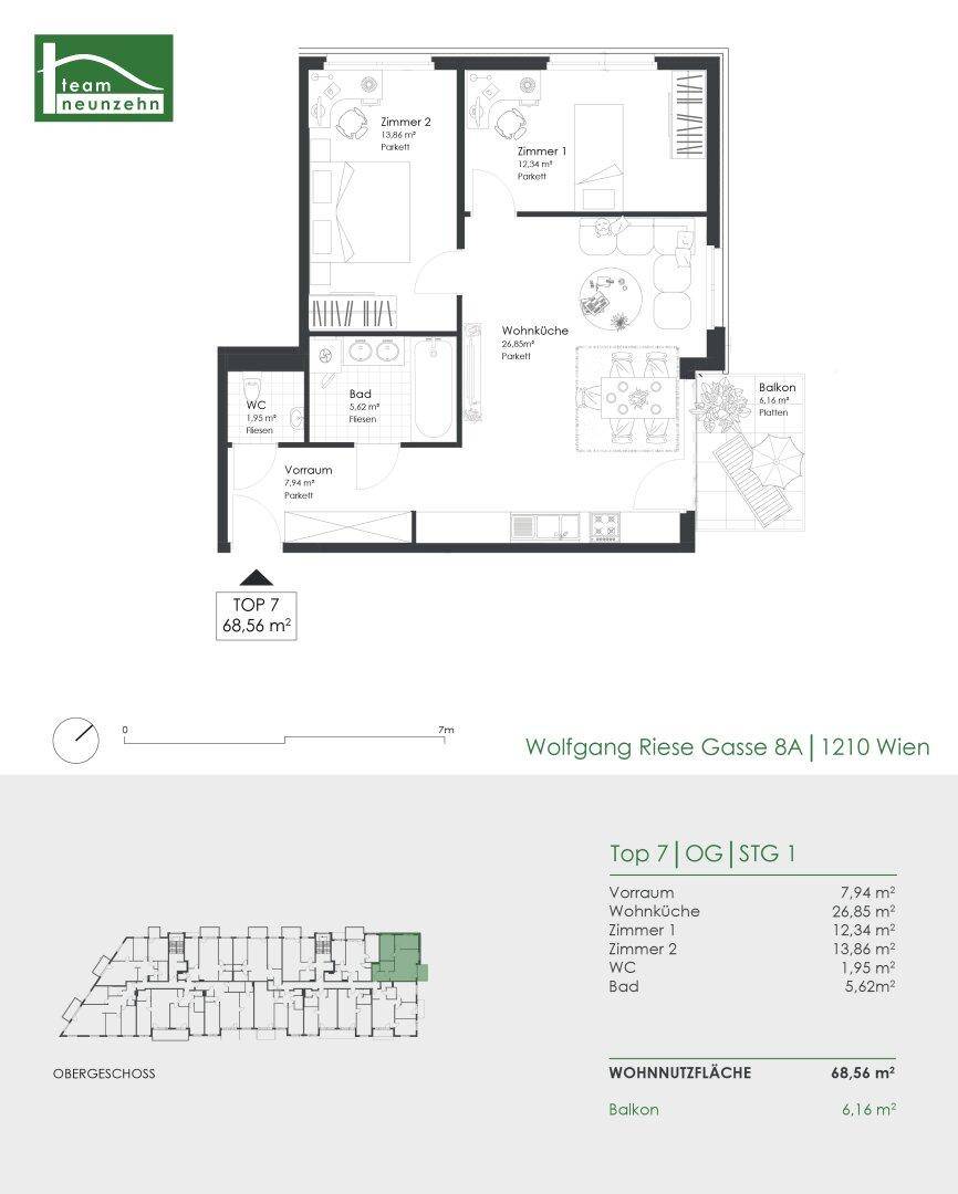 Grundriss einer Wohnung mit zwei Schlafzimmern, offener Wohnküche, Bad, separatem WC und Balkon.