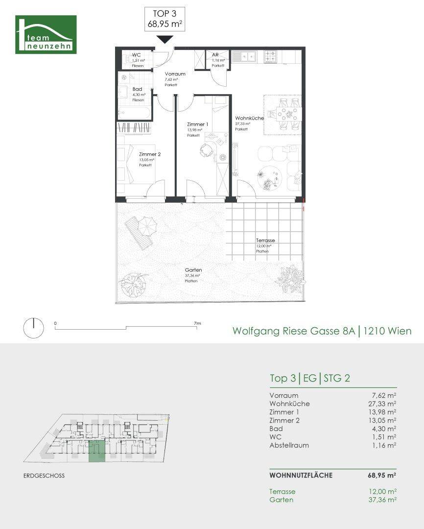 Grundriss einer Erdgeschosswohnung mit offener Wohnküche, zwei Schlafzimmern, Bad, separatem WC, Terrasse und Garten.