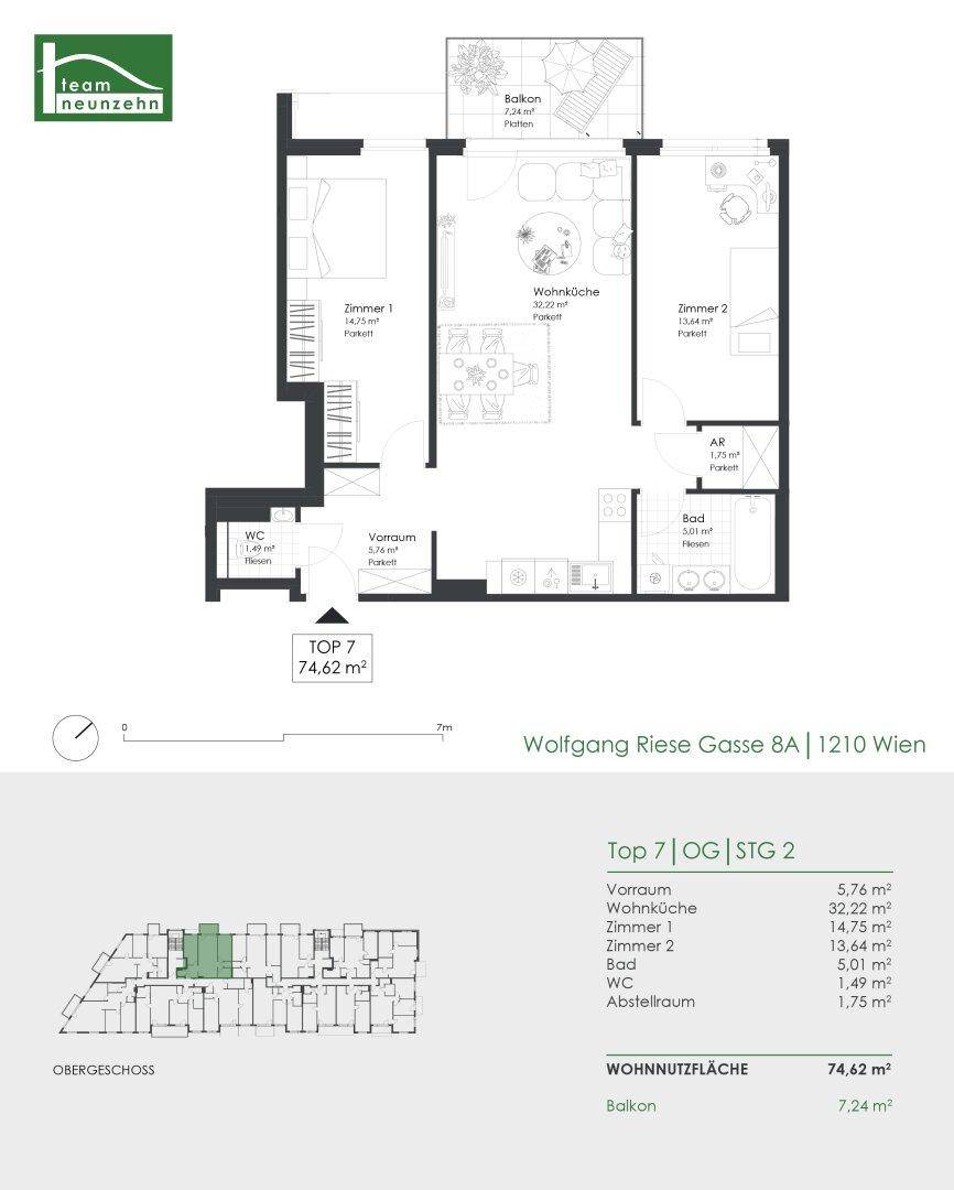 Grundriss einer modernen 2-Zimmer-Wohnung mit offener Wohnküche, Balkon und separatem WC.