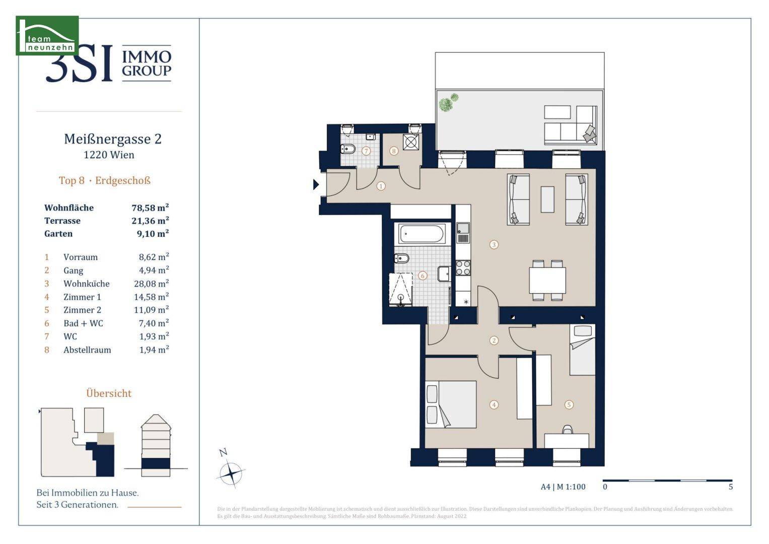 Grundriss einer Erdgeschosswohnung mit offenem Wohn- und Küchenbereich, zwei Schlafzimmern, zwei Bädern, Terrasse und Garten.