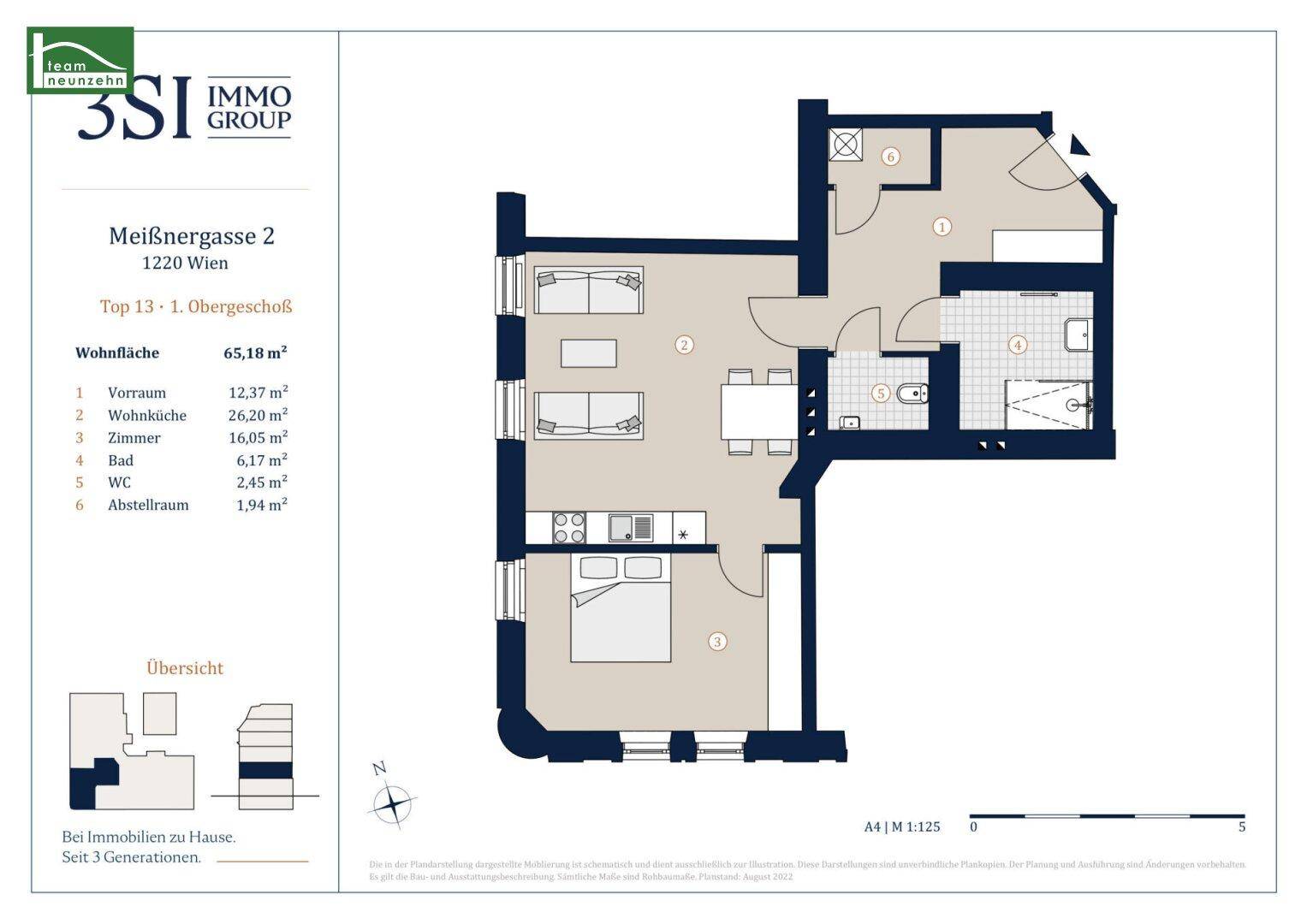 Detaillierter Grundriss einer modernen Wohnung mit offener Wohnküche, separatem Schlafzimmer und zwei Bädern.
