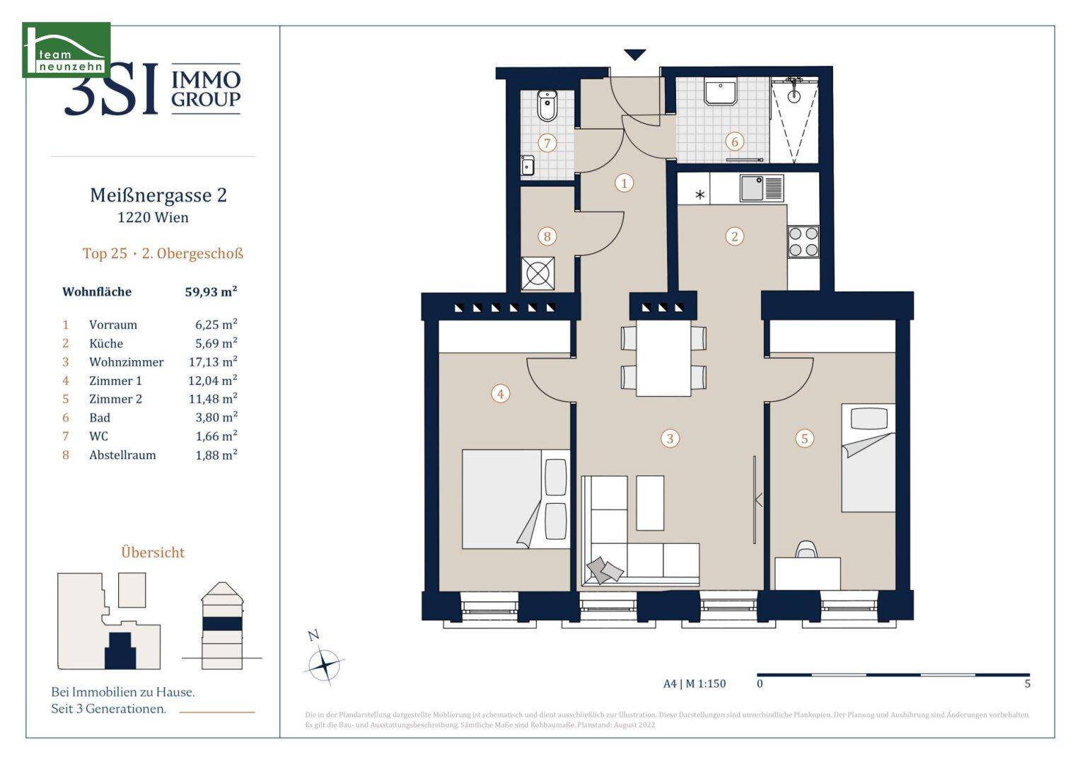 Grundriss einer 3-Zimmer-Wohnung mit 59,93 m² Wohnfläche, offenem Wohn-Essbereich, separater Küche und Abstellraum.