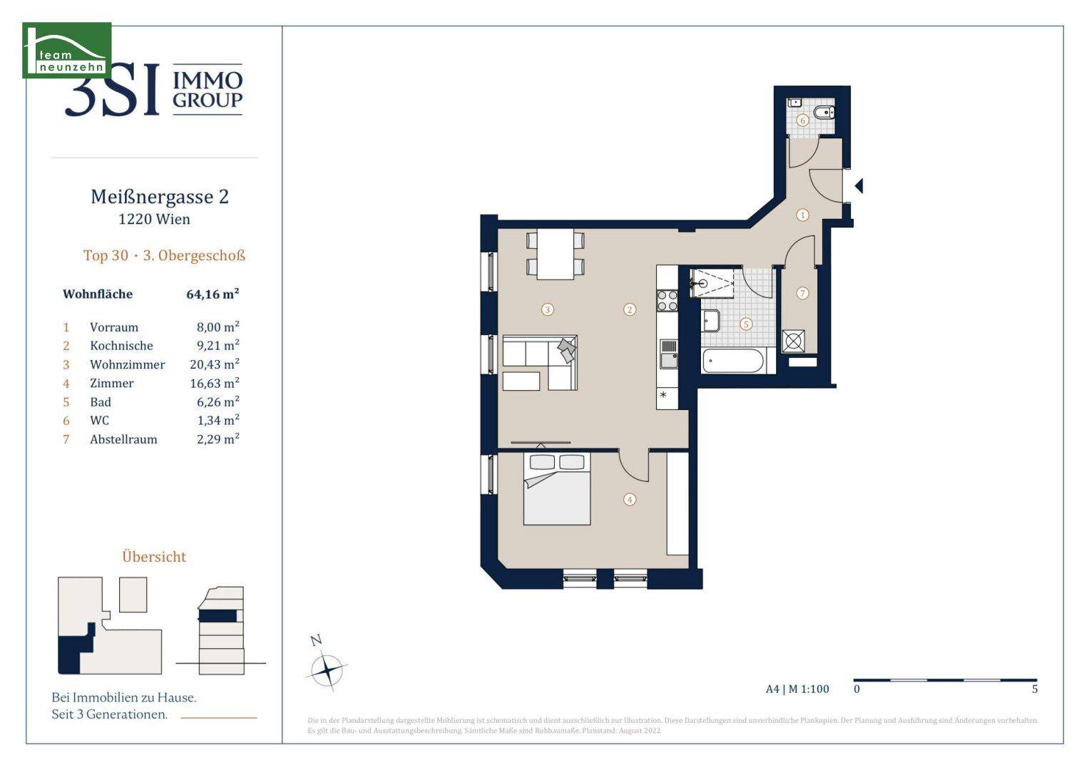 Detaillierter Grundriss einer Wohnung mit Schlafzimmer, offenem Wohnbereich, Bad und separatem WC.
