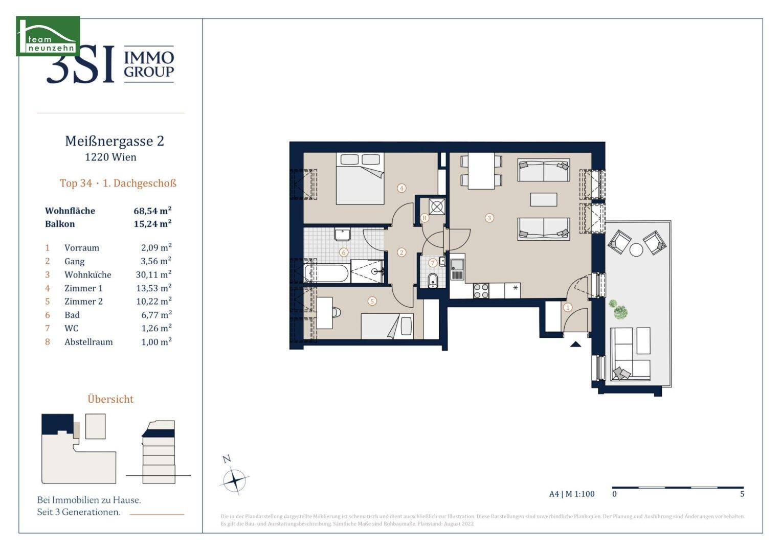 Grundriss einer Wohnung im ersten Dachgeschoss mit zwei Schlafzimmern, offenem Wohnbereich und Balkon.