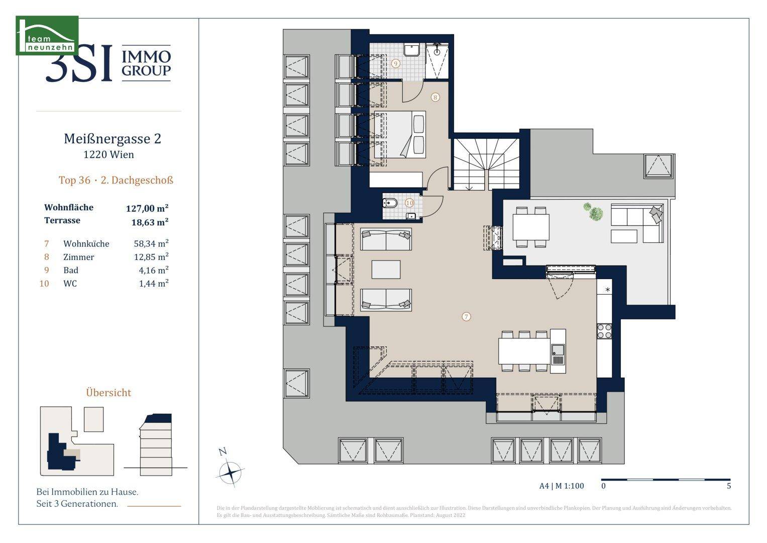 Grundriss des zweiten Dachgeschosses mit offenem Wohn- und Küchenbereich, Schlafzimmer, Bad, WC und Terrasse.