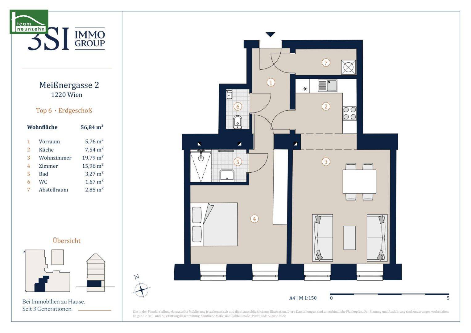 Detaillierter Grundriss einer Wohnung mit Wohnzimmer, Küche, Schlafzimmer, Bad und separatem WC.