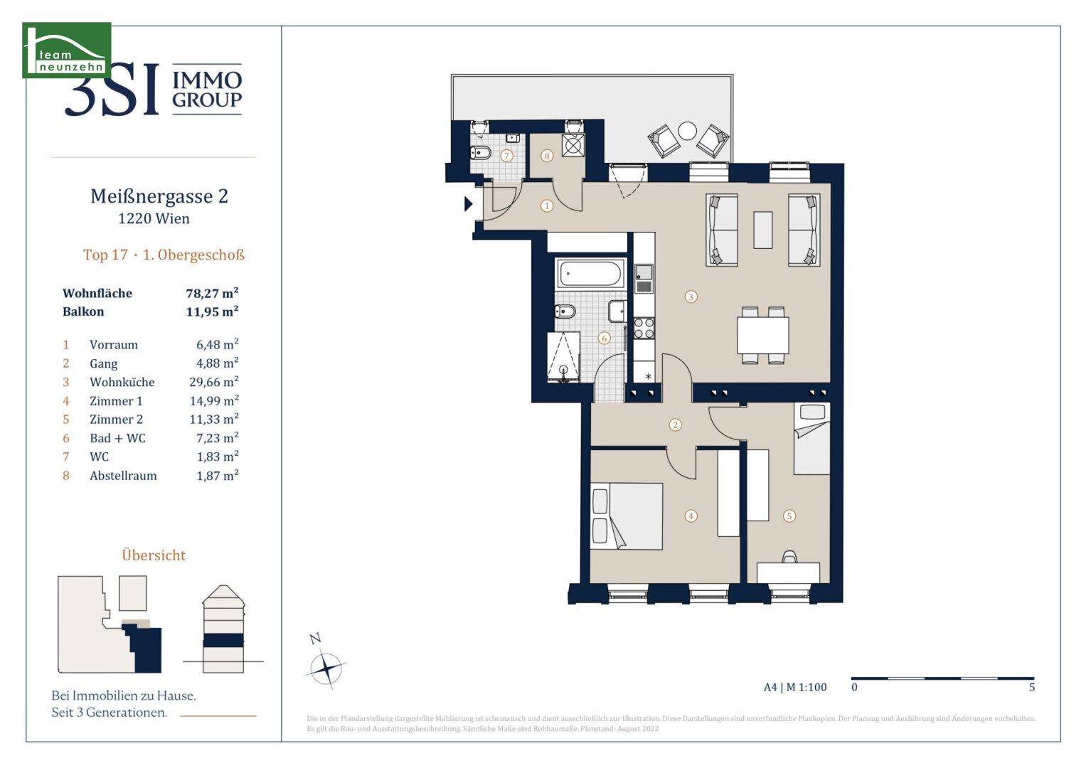 Wohnungsgrundriss mit offener Wohnküche, zwei Schlafzimmern, Bad, separatem WC und Balkon.