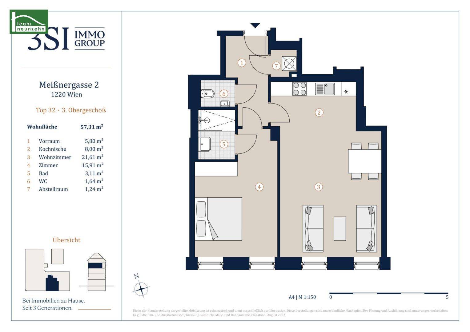 Grundriss einer Wohnung mit offenem Wohnbereich, separatem Schlafzimmer, Bad und Gäste-WC.