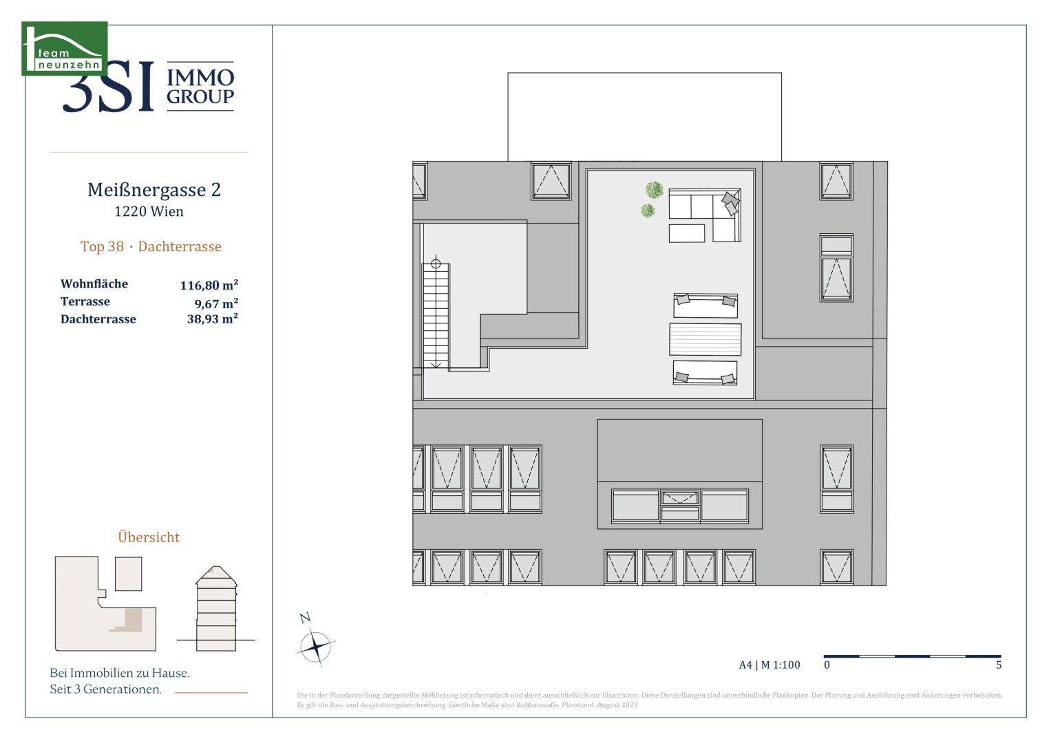 Grundriss der Dachterrasse mit Sitzbereichen und Grünflächen, ideal für Entspannung im Freien und Panoramablick.