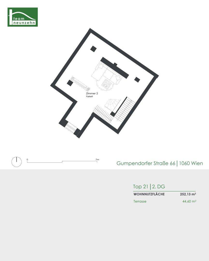 Grundriss der zweiten Etage mit einem Schlafzimmer und internen Treppenaufgang.
