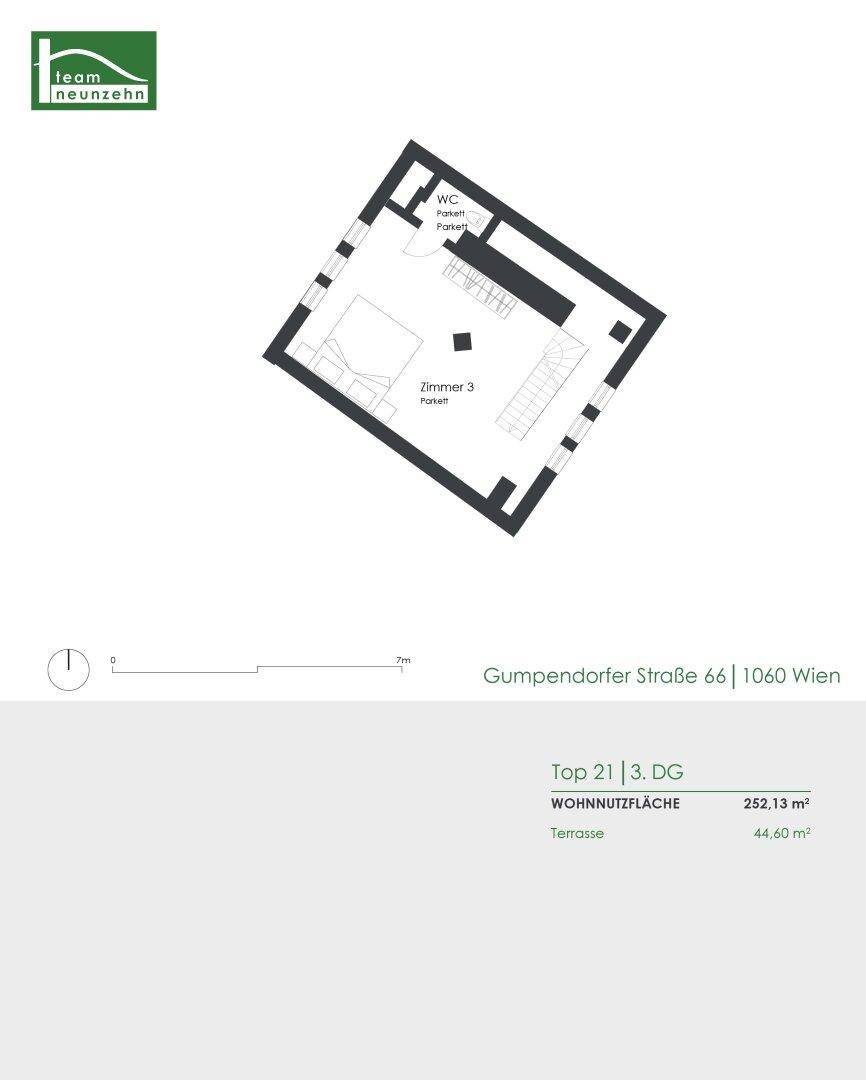 Grundriss der dritten Etage mit einem Schlafzimmer und separatem WC-Bereich.