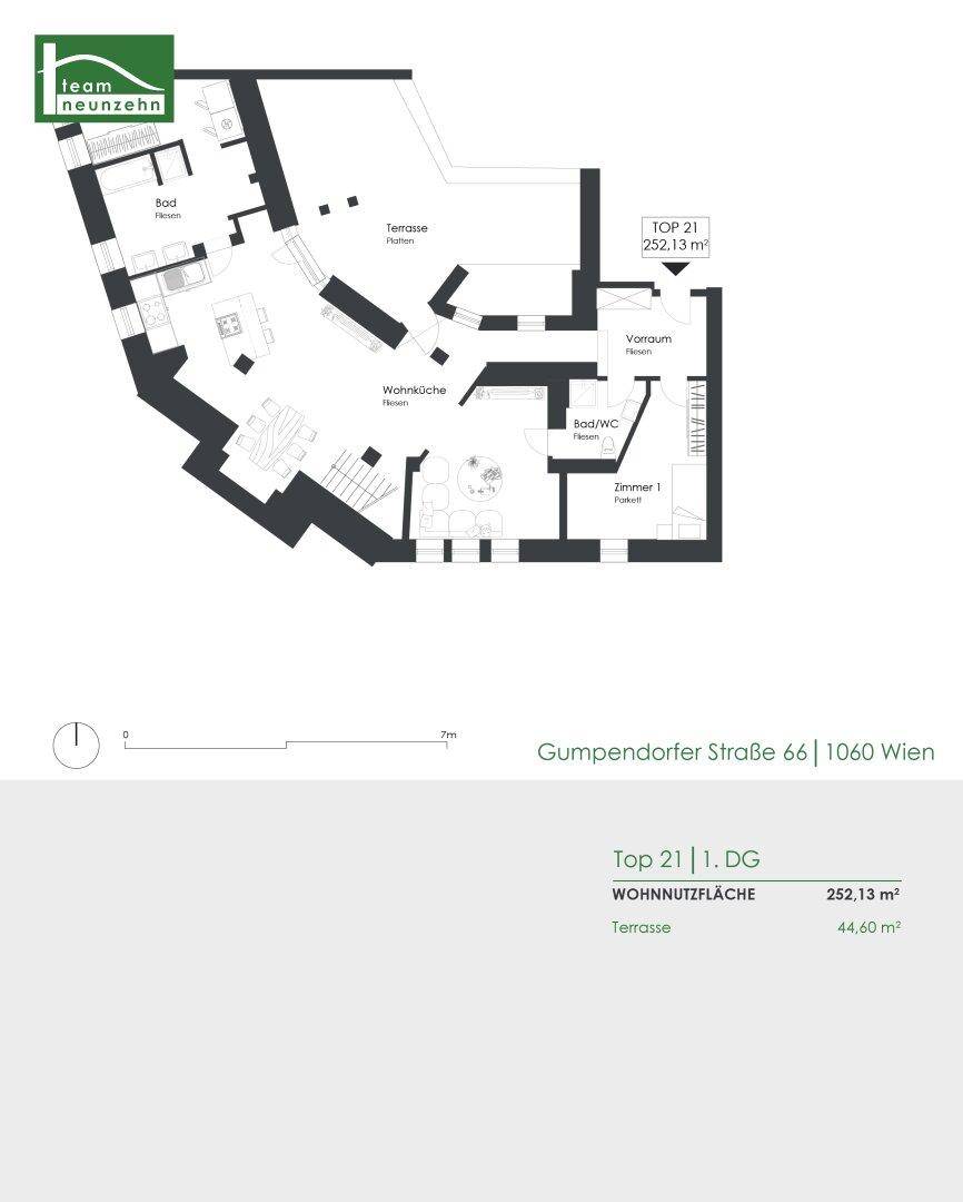 Detaillierter Grundriss der ersten Etage mit Wohnküche, Bad, WC und großer Terrasse.