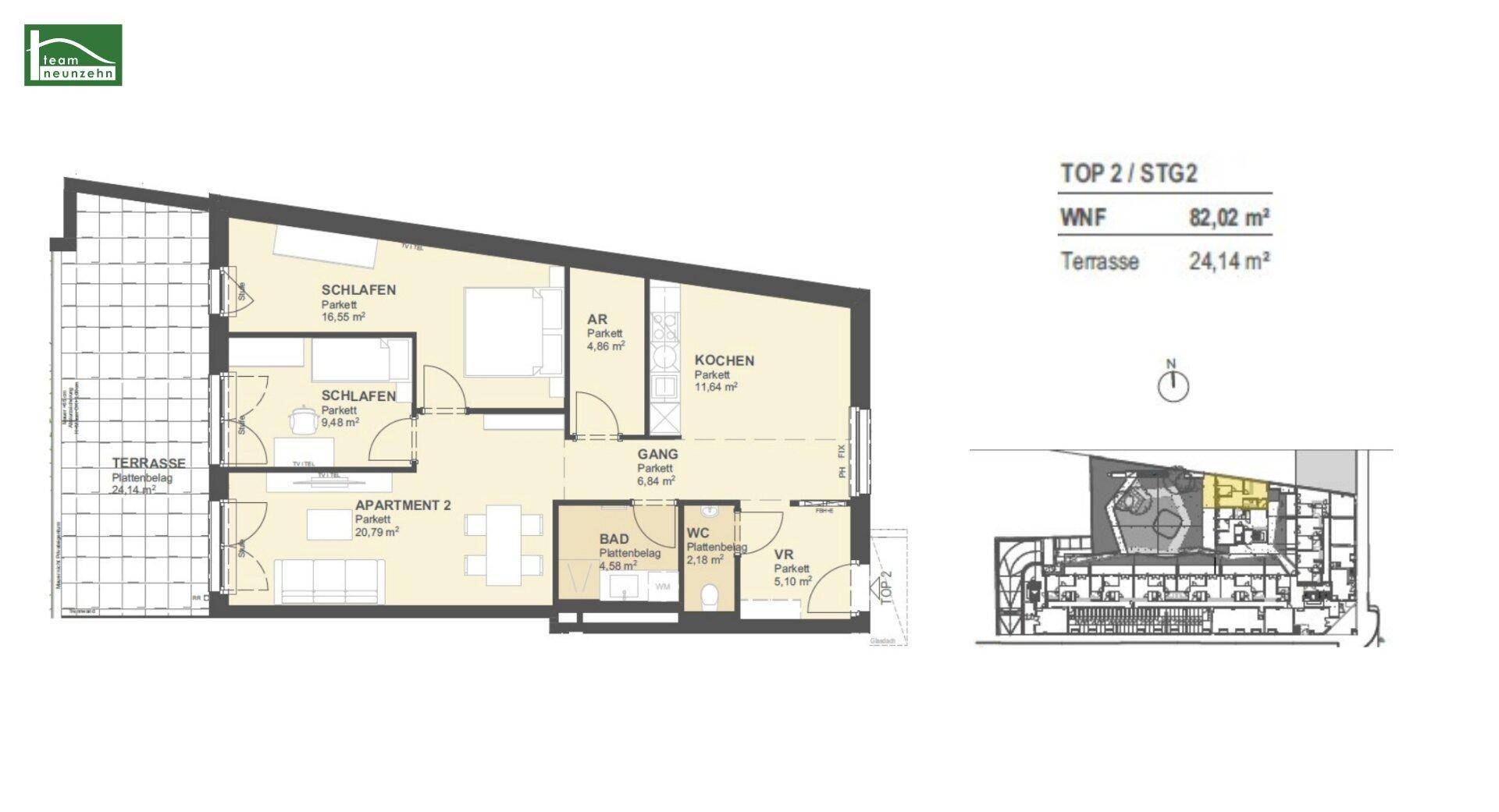 Grundriss einer Wohnung mit zwei Schlafzimmern, offener Küche, Bad, separatem WC und einer großen Terrasse.