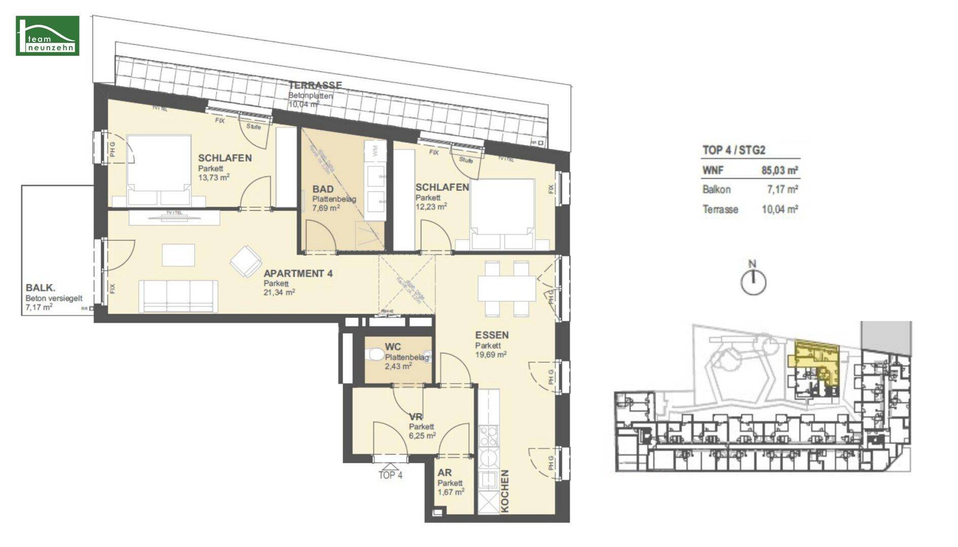 Grundrissplan einer Wohnung mit zwei Schlafzimmern, offenem Wohnbereich, Balkon und Terrasse.