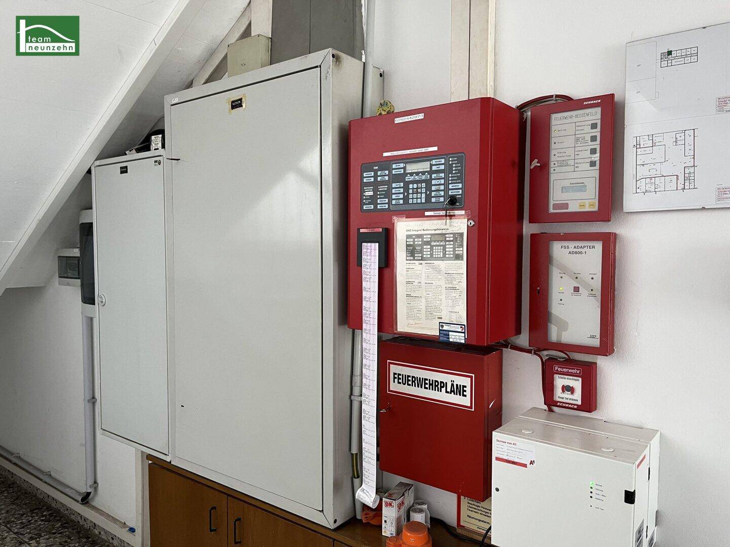 Technikraum mit Brandschutzanlage und verschiedenen Schaltschränken an der Wand.