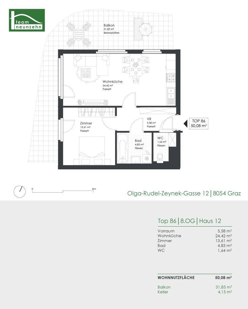 Grundriss der Wohnung Top 86 mit 50,08 m² Wohnfläche und großem Balkon.