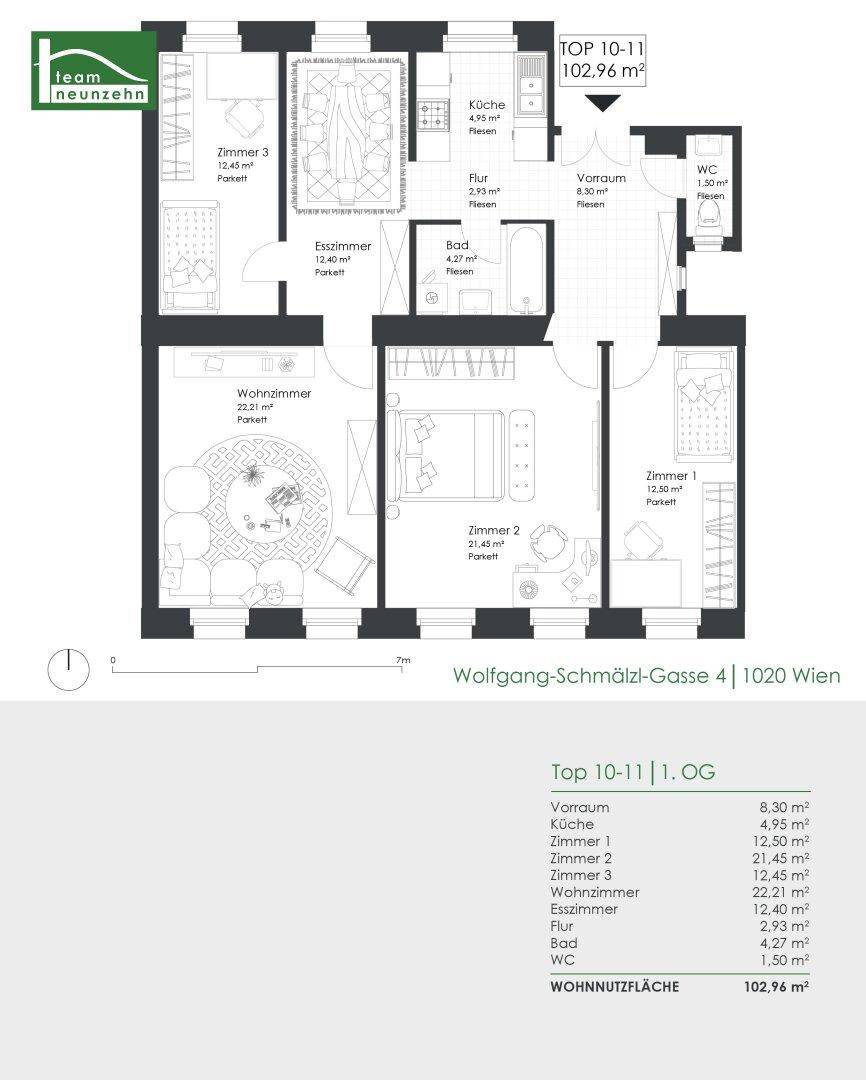 Grundriss der Wohnung Top 10-11 mit 102,96 m² Wohnfläche und Raumaufteilung.