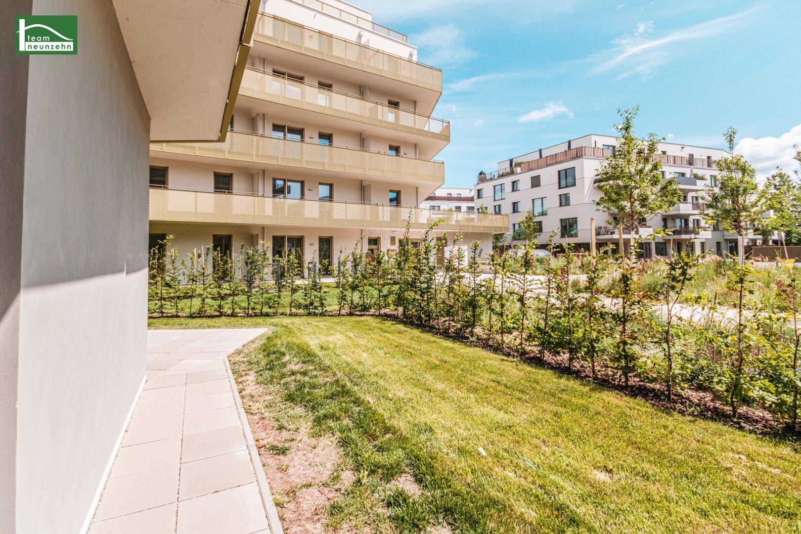 Gepflegter Gartenbereich mit Rasen und Hecken vor der modernen Fassade des Wohngebäudes.