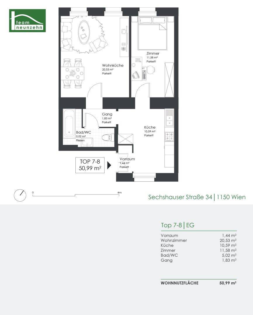 Grundriss einer 50,99 m² großen Wohnung mit offenem Wohnbereich, separater Küche und Balkon.