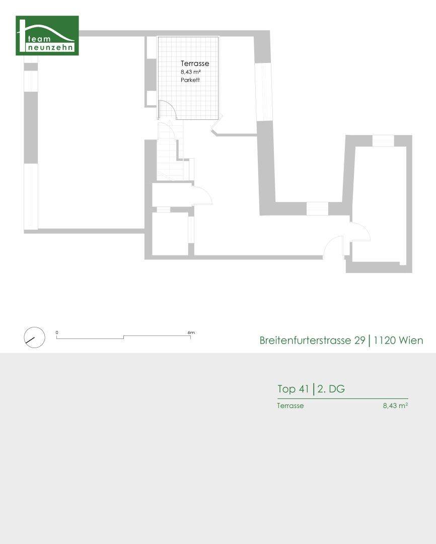 Grundriss des oberen Geschosses der Wohnung Top 41 mit einer großzügigen Terrasse.