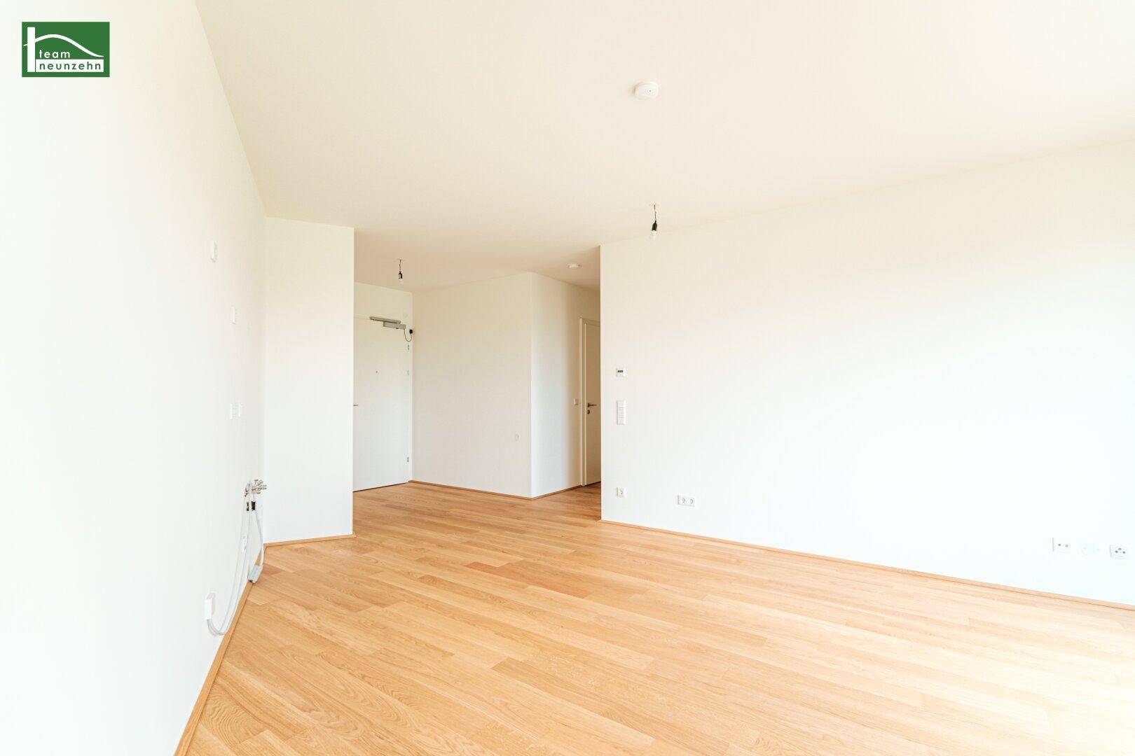 Heller Eingangsbereich mit Holzboden und Zugang zu weiteren Räumen, modern und einladend.