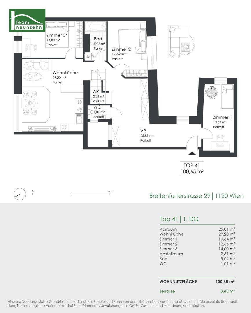 Detaillierter Grundriss der Wohnung Top 41 mit Wohnküche, drei Zimmern und Terrasse.