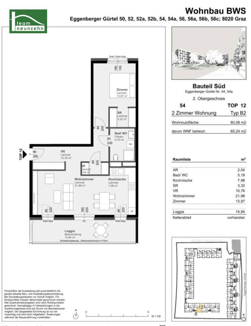 Detaillierter Grundriss einer 2-Zimmer-Wohnung mit Loggia und Kellerabteil.