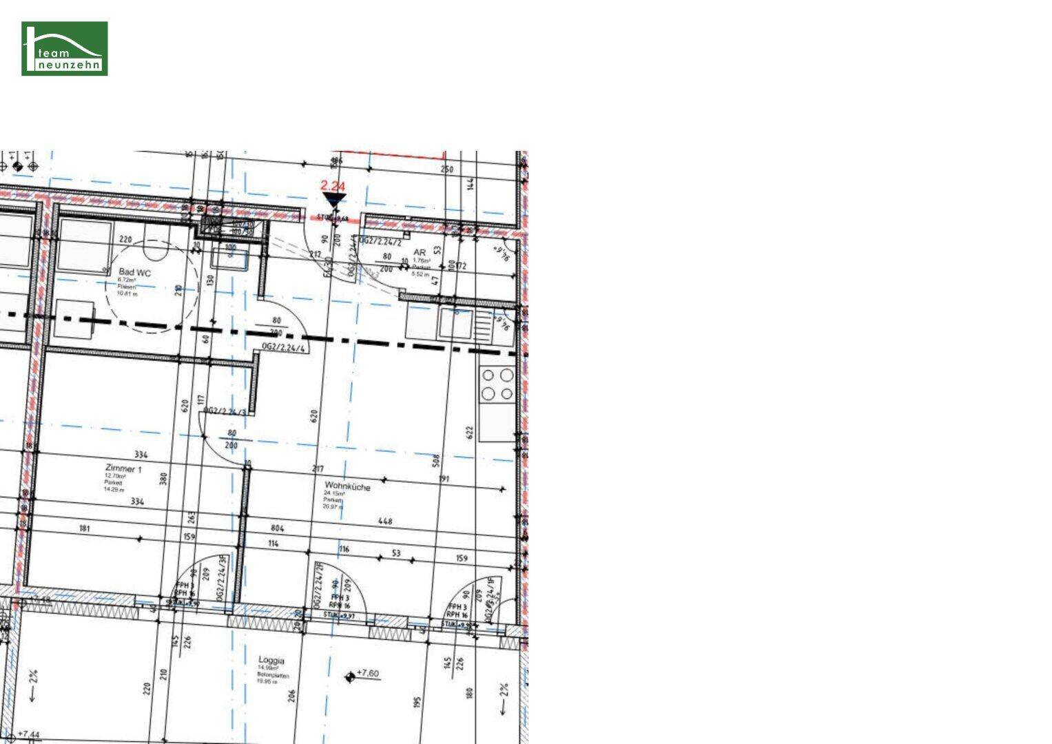 Detaillierter Grundrissplan einer Wohnung mit verschiedenen Räumen und einer Loggia.
