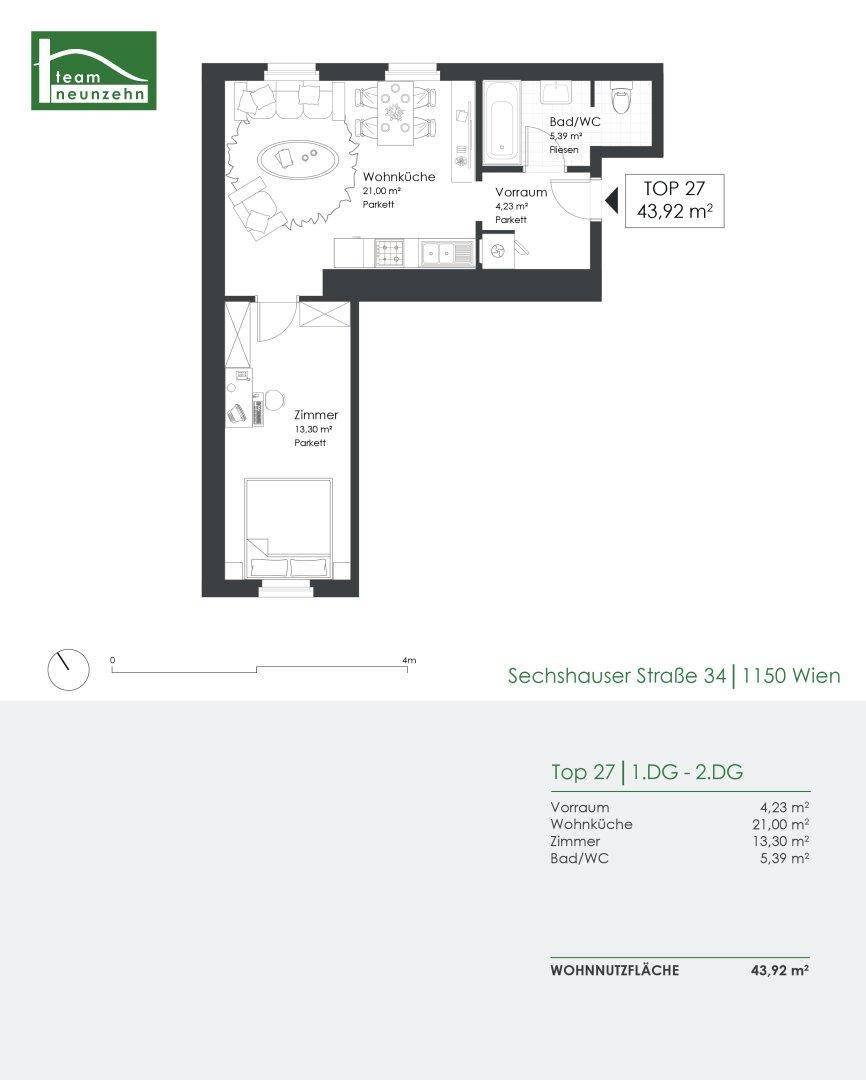 Grundriss der Wohnung TOP 27 mit Wohnküche, Zimmer und Bad/WC auf 43,92 m².