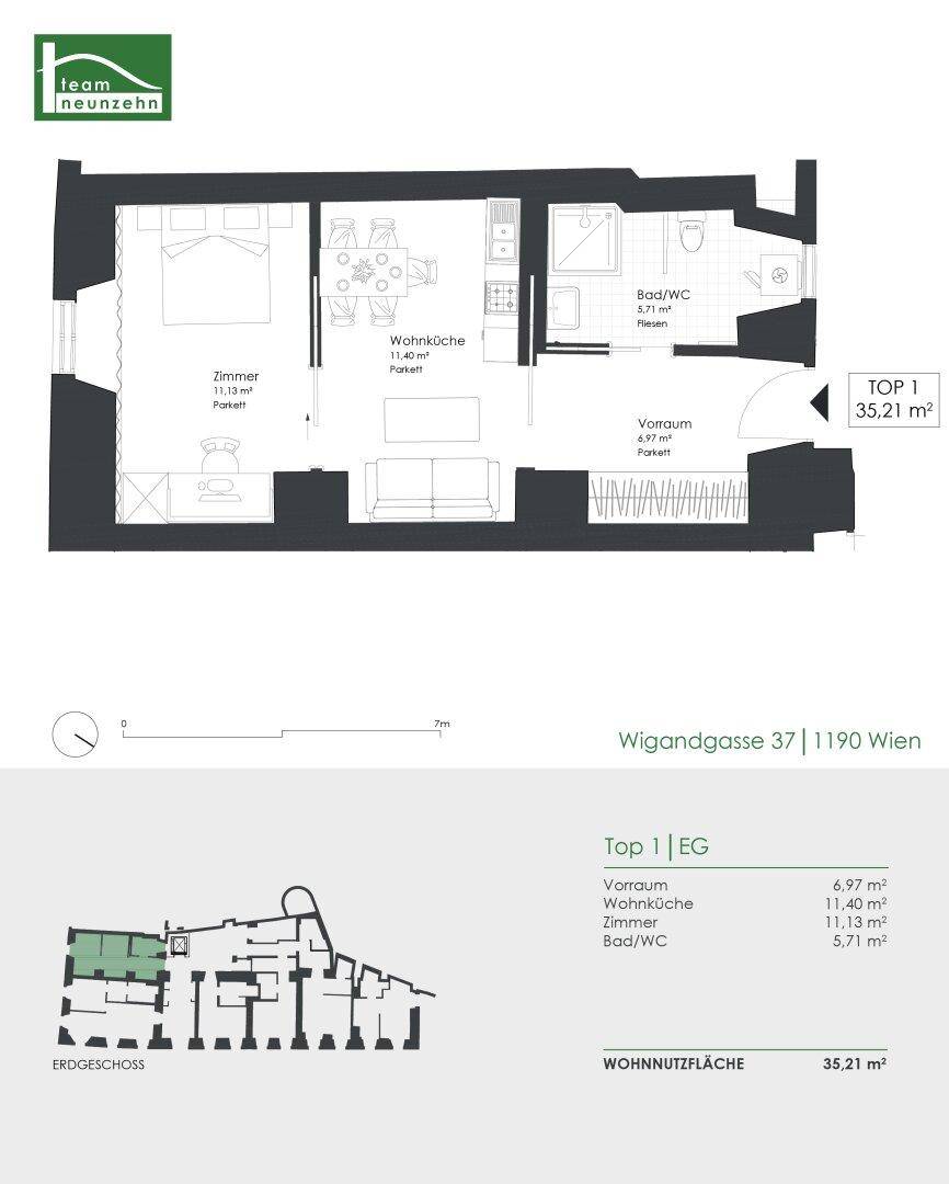 Grundriss einer kompakten Wohnung mit einem Schlafzimmer, offener Wohnküche und Badezimmer.