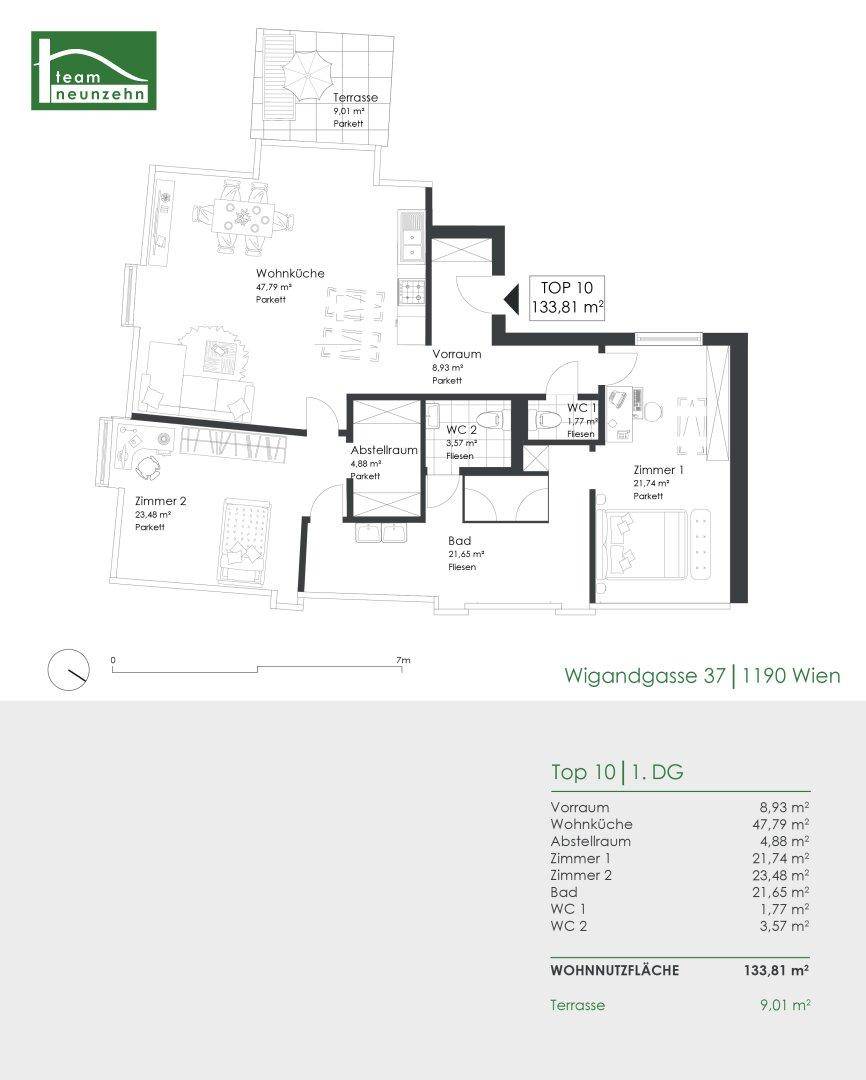 Grundriss der Wohnung TOP 10 im 1. Dachgeschoss mit Wohnküche, zwei Zimmern und Terrasse.