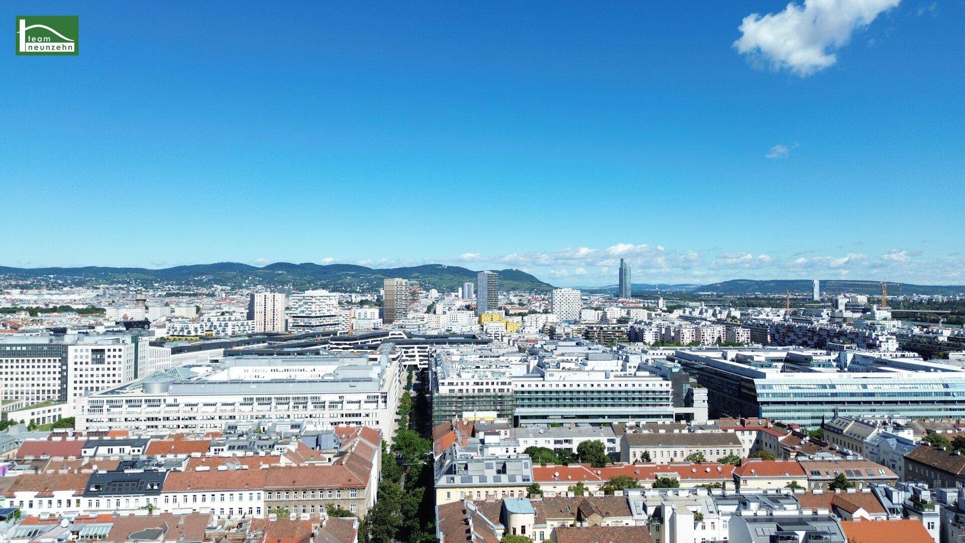 Weitläufiger Blick über die Stadt Wien mit vielen Gebäuden und Bergen im Hintergrund.