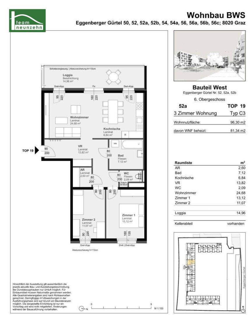 Grundriss einer 3-Zimmer-Wohnung mit offener Wohnküche, Loggia und separatem WC.