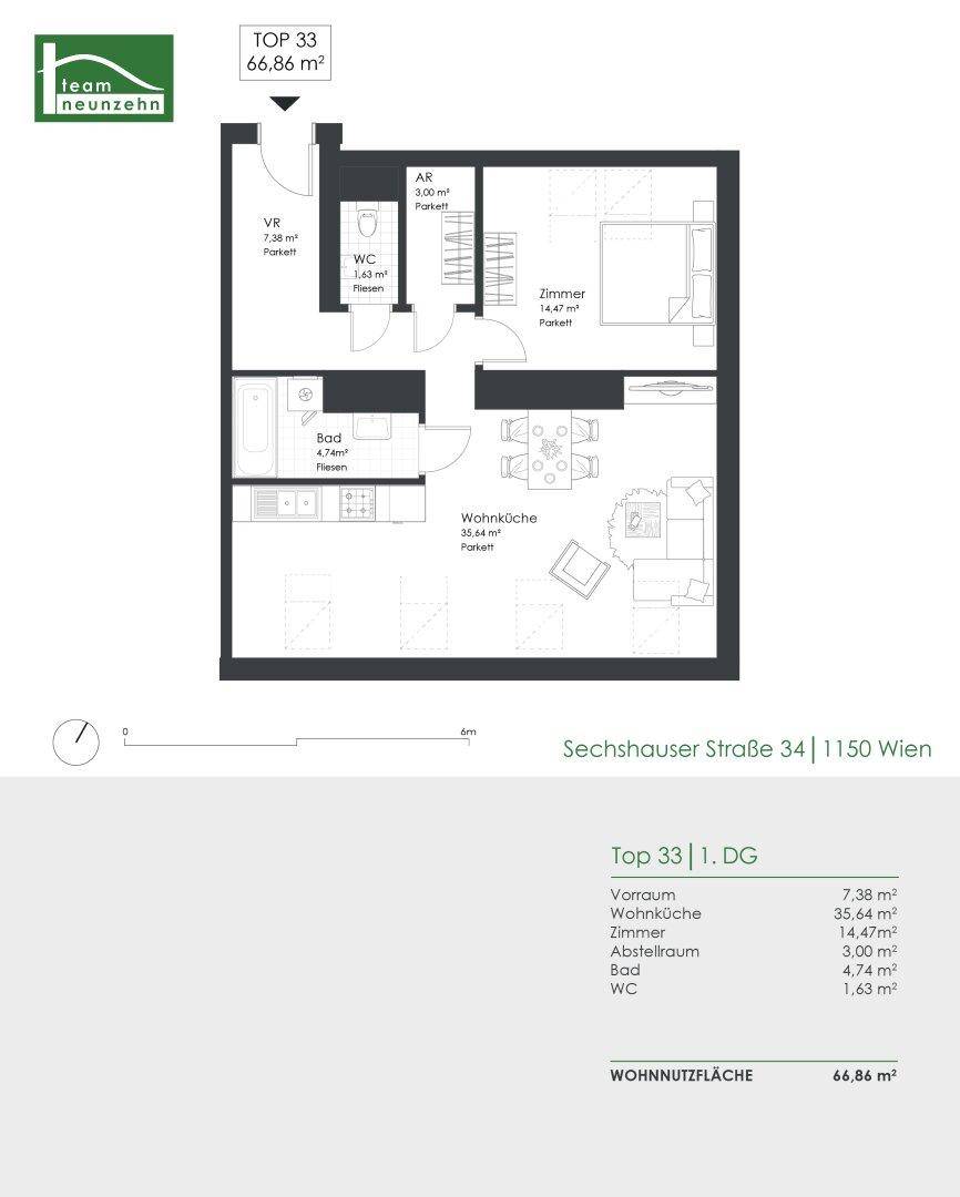 Grundriss der Wohnung Top 33 mit 66,86 m² Wohnfläche und offener Wohnküche.