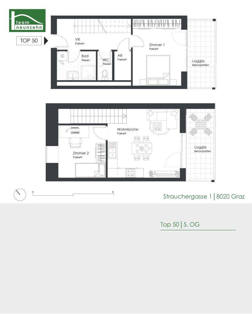 Grundriss einer Maisonette-Wohnung im 5. Obergeschoss mit offener Wohnküche, zwei Schlafzimmern und Loggia.