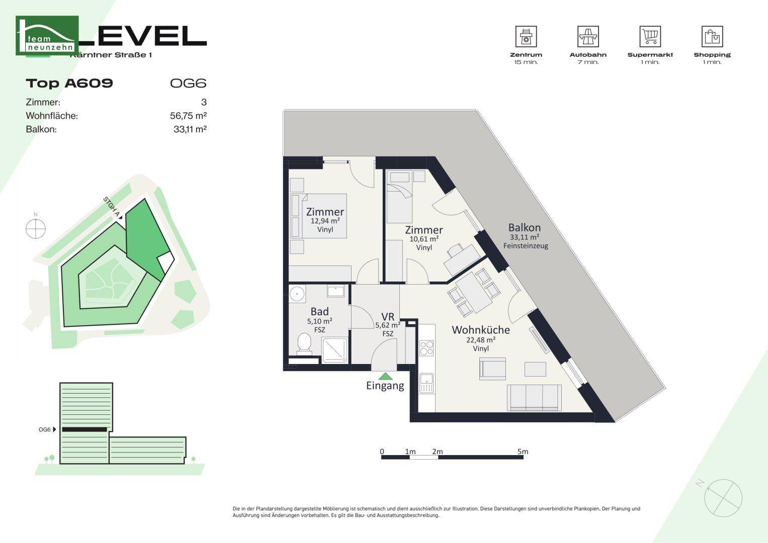 Grundriss der Wohnung Top A609 im OG6 mit 56,75 m² Wohnfläche und 33,11 m² Balkon.