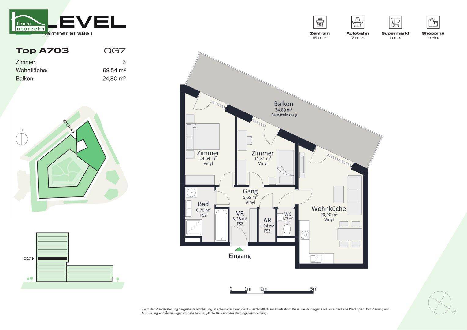 Grundriss der Wohnung Top A703 im 7. Obergeschoss mit 69,54 m² Wohnfläche und Balkon.