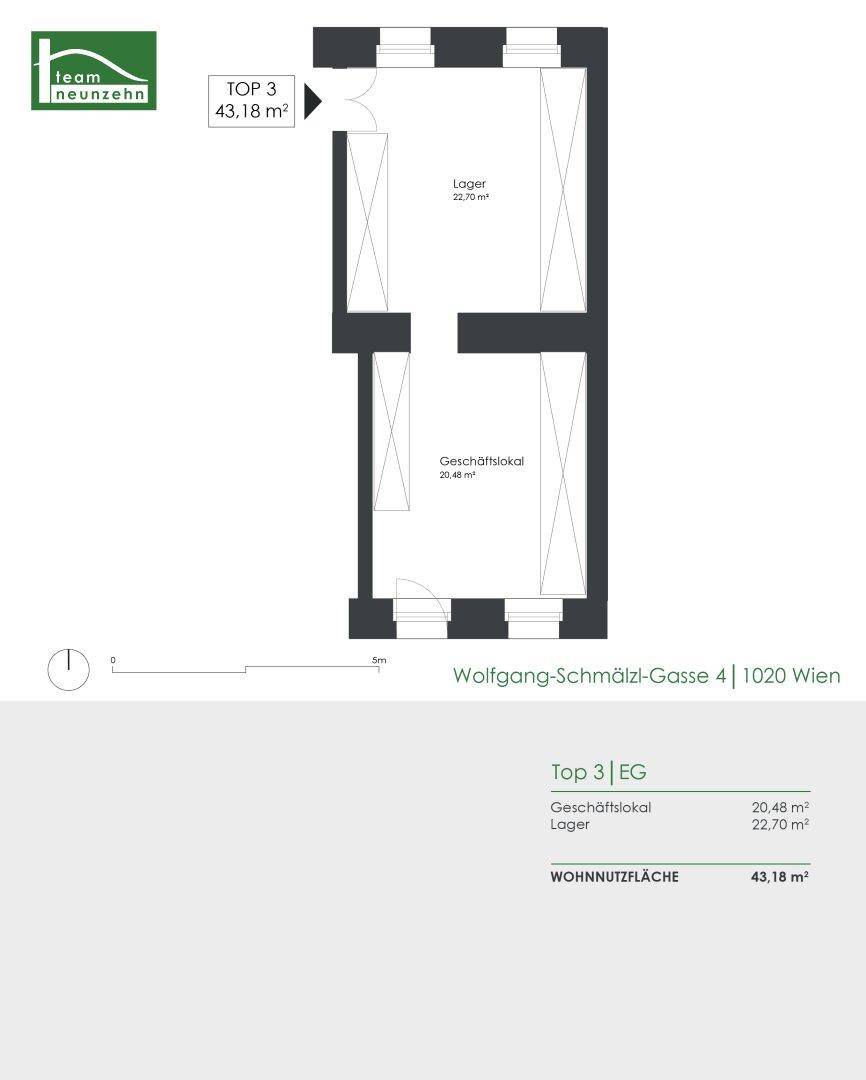 Grundrissplan für ein Geschäftslokal mit Lagerfläche von insgesamt 43,18 m².
