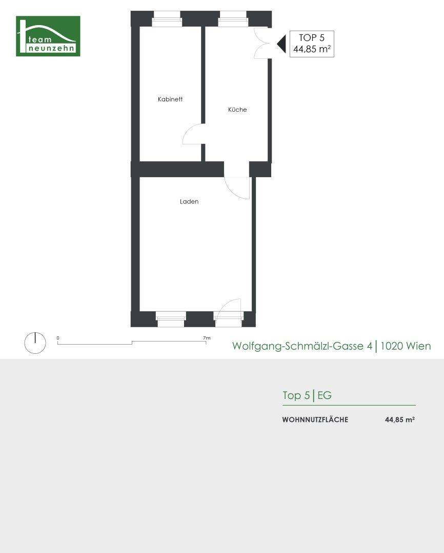 Grundrissplan einer Wohnung mit Küche, Kabinett und Laden auf 44,85 m².