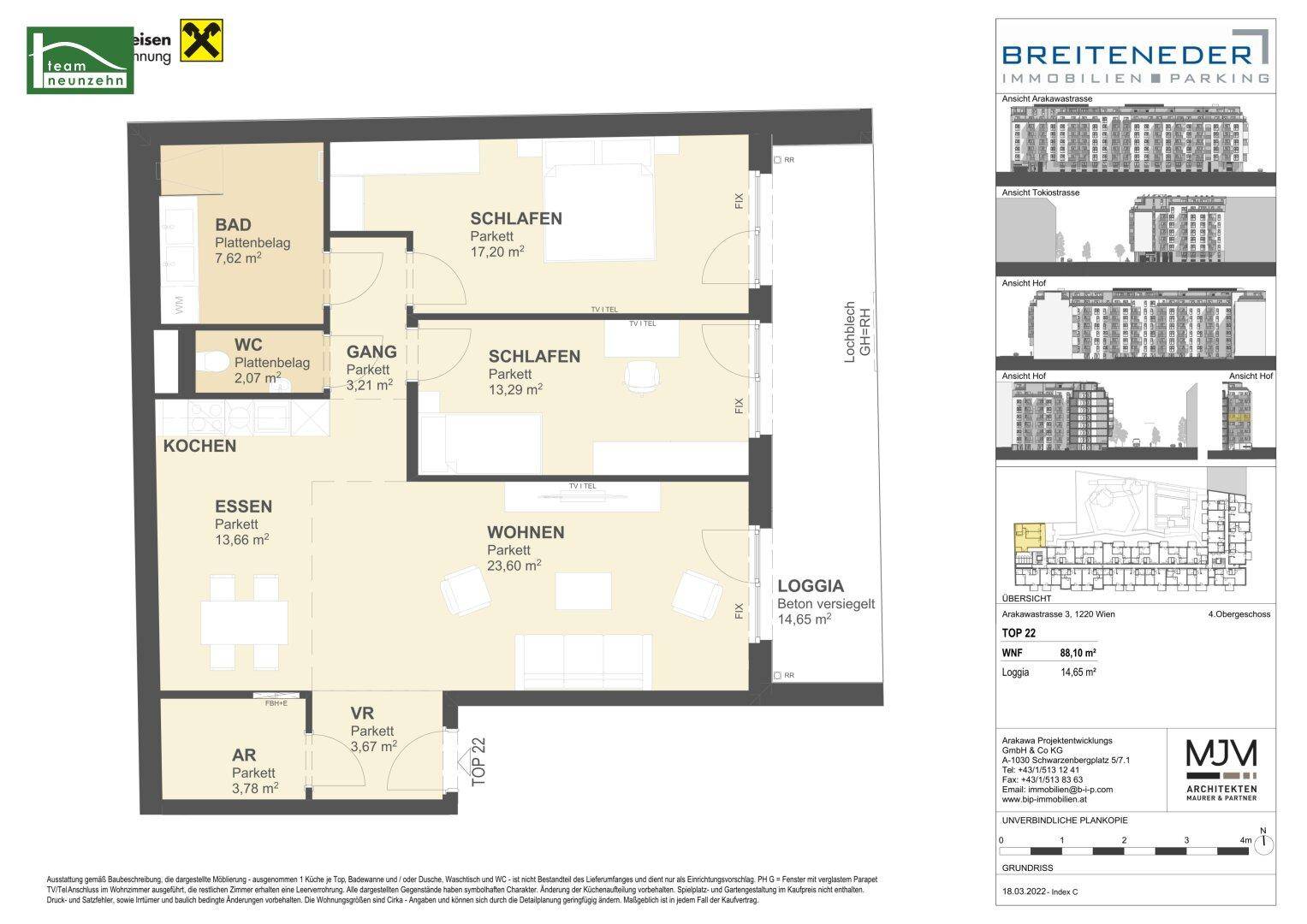 Grundriss einer Wohnung mit Bad, WC, Küche, Essbereich, Wohnzimmer und zwei Schlafzimmern.