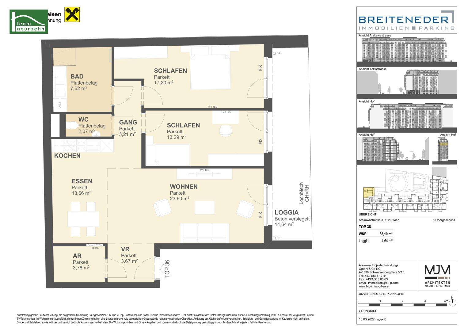 Grundriss einer Wohnung mit Wohnzimmer, zwei Schlafzimmern, Bad, WC und Loggia.
