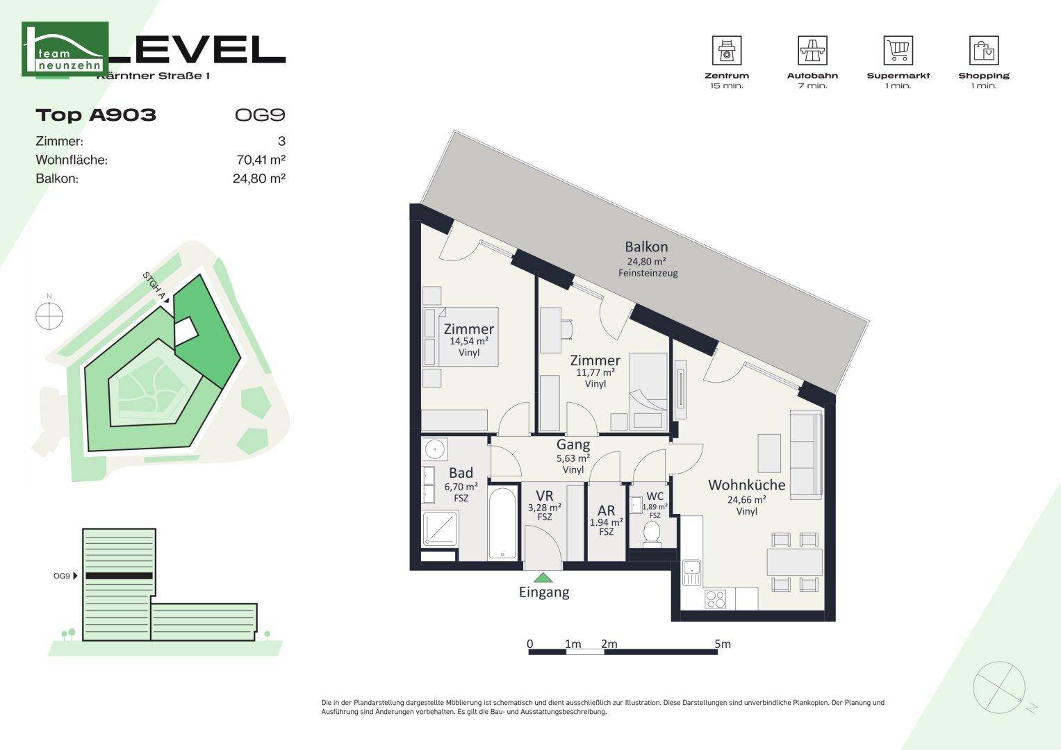 Grundriss einer Wohnung mit drei Zimmern, Balkon und einer Wohnfläche von 70,41 m².