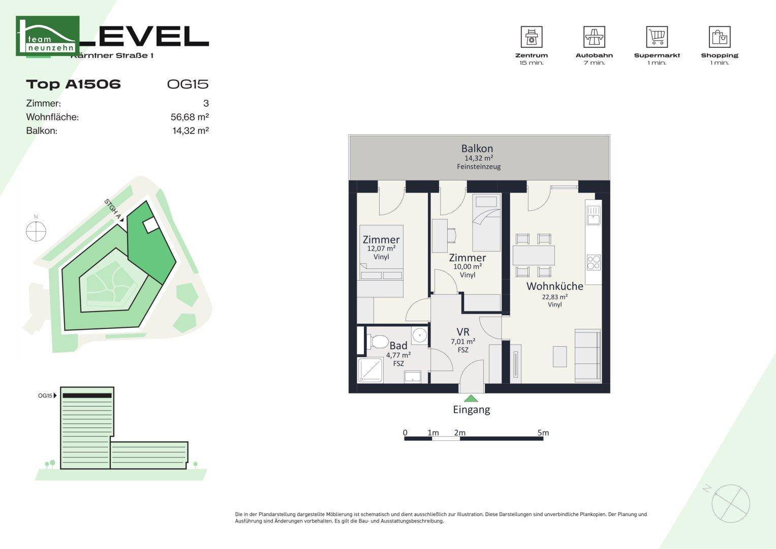 Detaillierter Grundriss einer Wohnung mit 56,68 m² Wohnfläche und 14,32 m² Balkon.