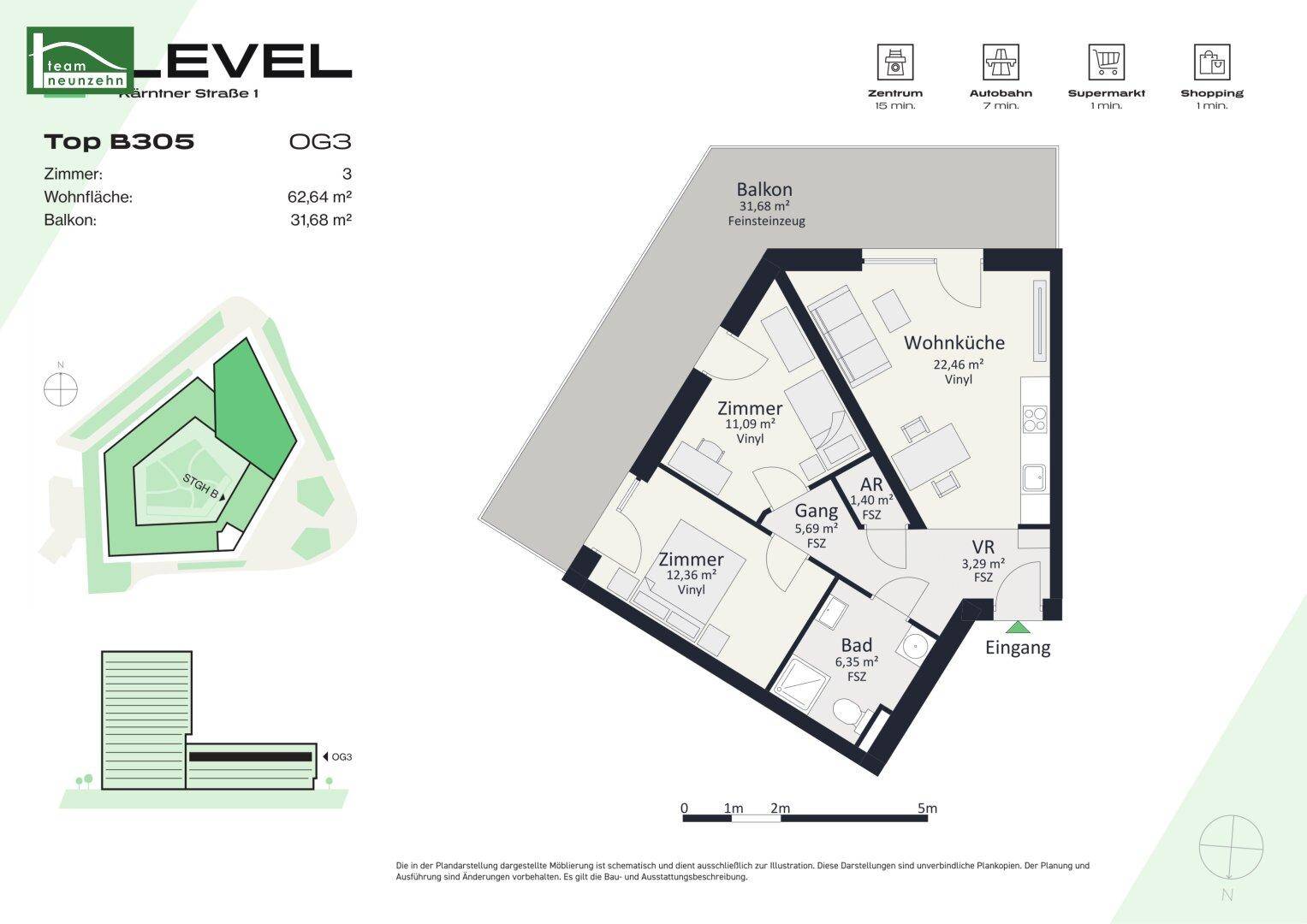Grundriss der Wohnung Top B305 mit 62,64 m² Wohnfläche und 31,68 m² Balkon.